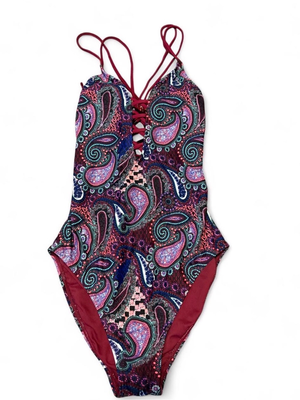 Ambrielle Maroon Paisley Lace-Up One-Piece Swimsuit